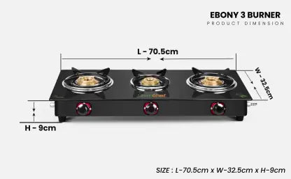 Greenchef Ebony Pro 3BR ( Hose Pipe + Lighter ) Glass Manual Gas Stove (3 Burners) Greenchef Ebony Pro 3BR ( Hose Pipe + Lighter ) Glass Manual Gas Stove (3 Burners)